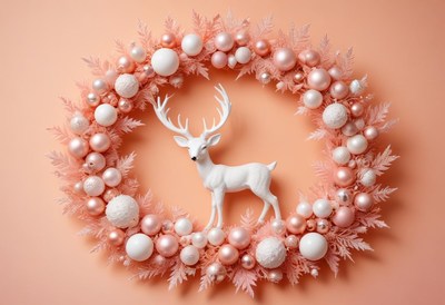 White deer in front of a pink and white wreath