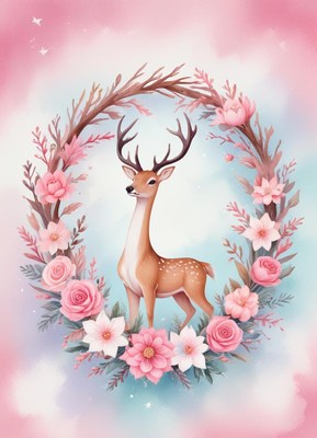 Deer in a flower wreath on a pink-blue background
