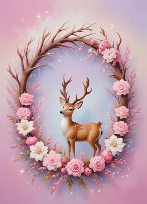 A deer stands in a floral wreath