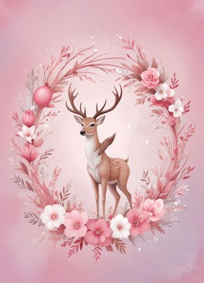 A deer stands in a floral wreath