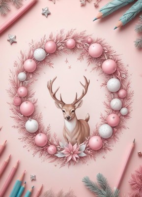 A deer stands in a pink christmas wreath