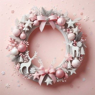 A pink and white christmas wreath with reindeer and stars