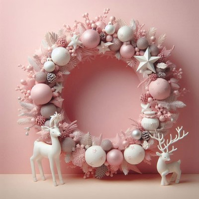 A pink christmas wreath with white reindeer