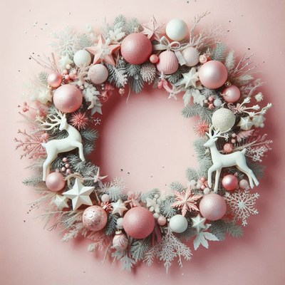 A pink and white christmas wreath with reindeer
