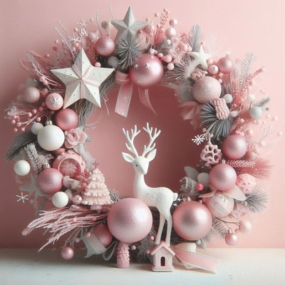 A pink christmas wreath with a white deer and ornaments