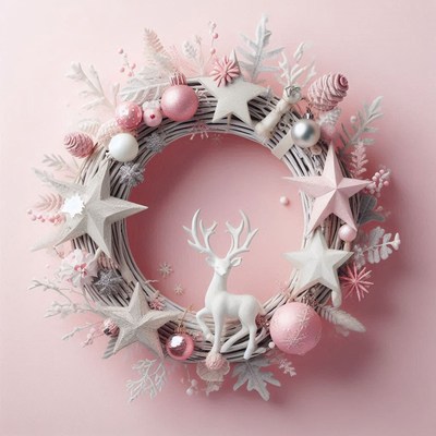 A pink and white christmas wreath with a reindeer