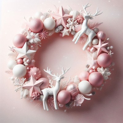 A pink and white christmas wreath with reindeer and stars