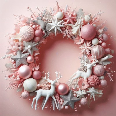 A pink and white christmas wreath with reindeer and stars