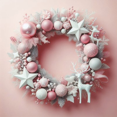 A pink and white christmas wreath with deer ornaments