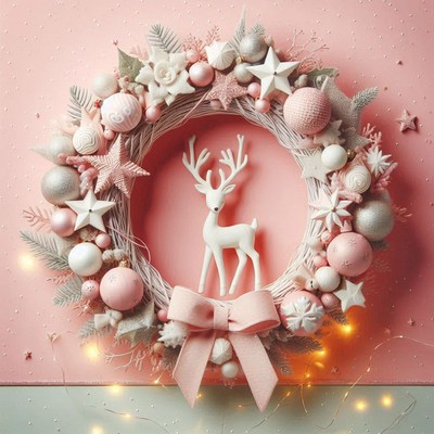 A pink and white christmas wreath with a deer figurine