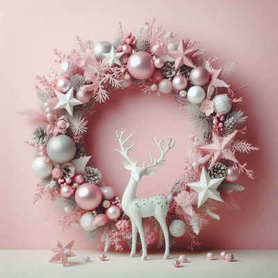 Pink wreath with stars on wall; white reindeer nearby