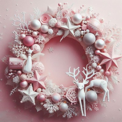 A pink and white christmas wreath with reindeer