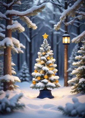 A snowy christmas tree stands tall in a winter forest