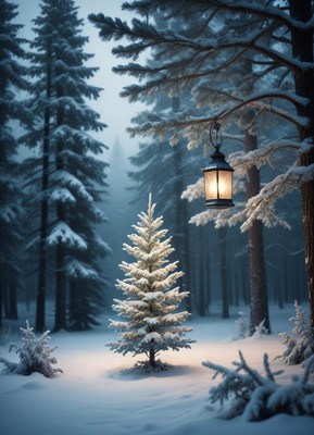 Lantern lights a snowy pine in a winter forest