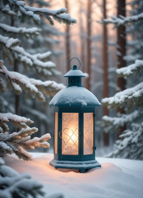 A lantern glows in the snowy forest at dusk