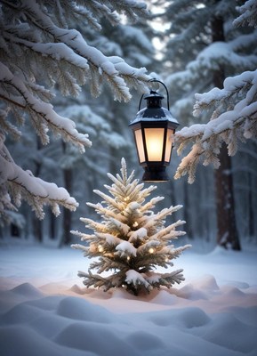 A small pine tree with lights is in a snowy forest