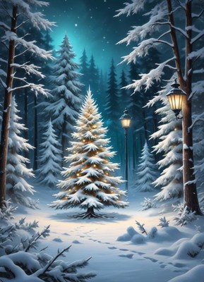 A snow-covered christmas tree stands in a winter forest