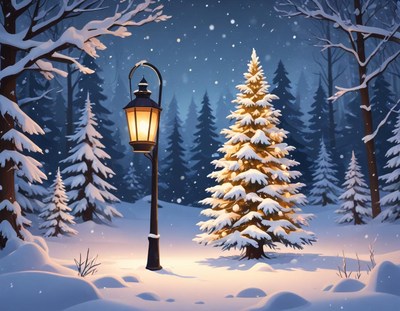 A snow-covered christmas tree glows in a winter forest