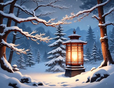 A lantern glows in a snowy forest