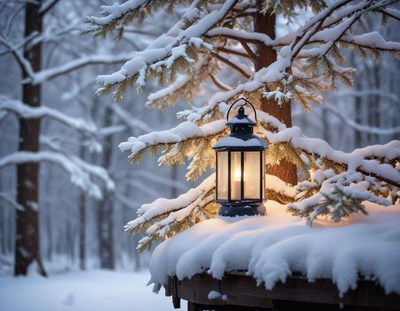 A lantern glows in the snowy woods