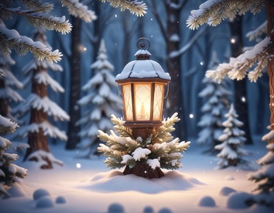 A snowy lantern glows in the winter forest