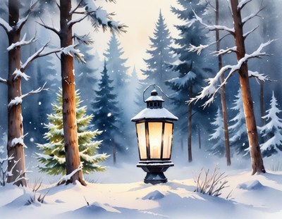 A lantern glows in a snowy winter forest