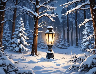 A lone lantern glows in a snowy forest