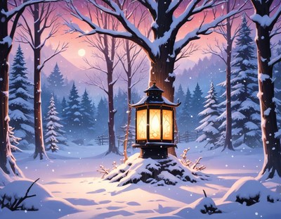 A glowing lantern illuminates a snowy forest at dusk