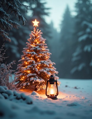 A snow-covered christmas tree glows in a winter forest