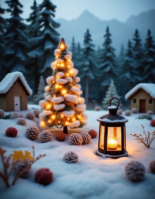 A snowy christmas scene with a lit tree and a lantern