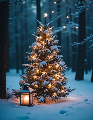 A snowy christmas tree glows in the forest