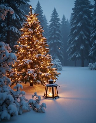 A snowy christmas tree with lights in a winter forest
