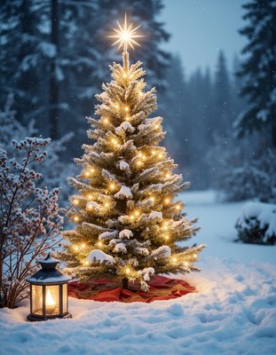A snowy christmas tree stands in the woods