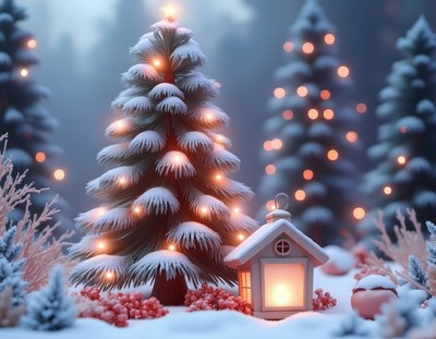 Snowy forest with christmas tree and lantern