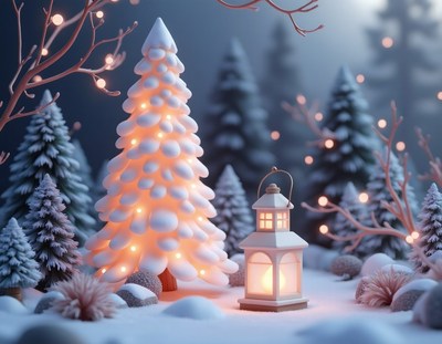 A snowy christmas tree glows in a winter forest