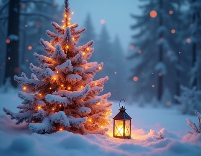Snowy christmas tree with lights in the forest