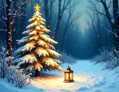 A snow-covered pine tree glows in a winter forest