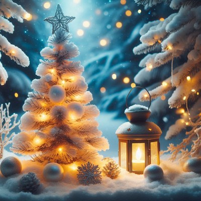 Snowy Christmas Tree with Lantern