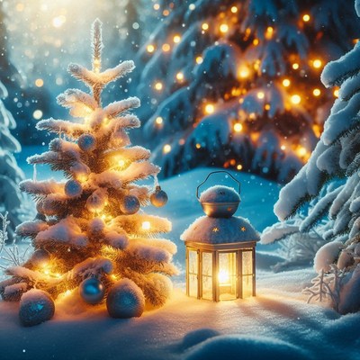 A snowy christmas tree with lights glows in the forest