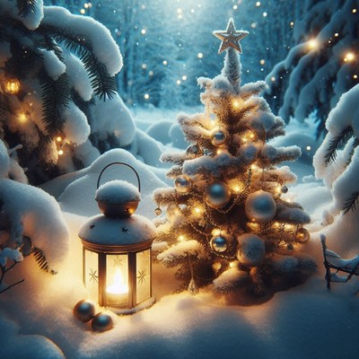 A glowing christmas tree in a snowy forest