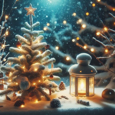 A glowing snowy tree shines in the winter night