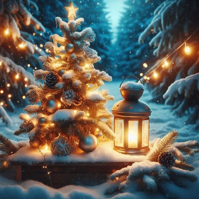 A snowy christmas tree with lights in a forest