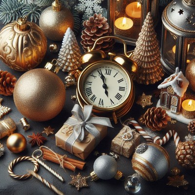 A vintage alarm clock strikes midnight on new year's eve