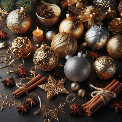 Ornaments and cinnamon sticks on a dark table