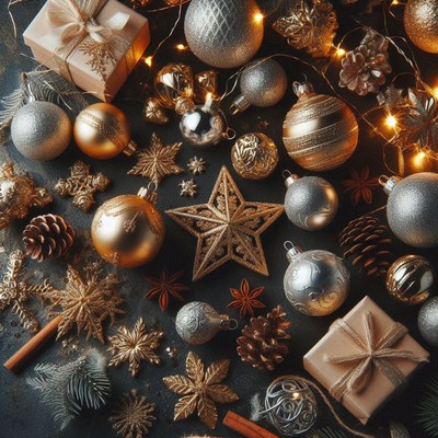 Golden and silver ornaments lay on a dark surface
