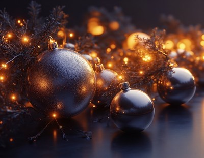 Shiny ornaments reflect warm lights