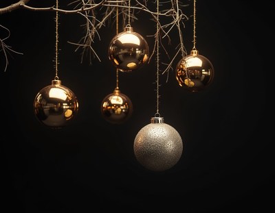 Gold ornaments dangle from a branch on black