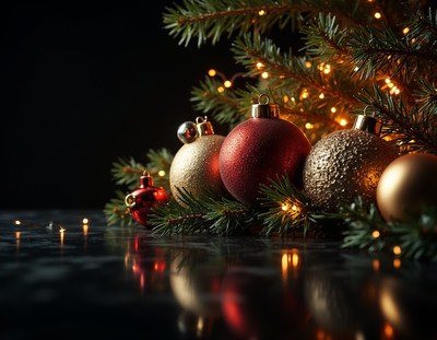 Christmas ornaments on a pine branch with lights