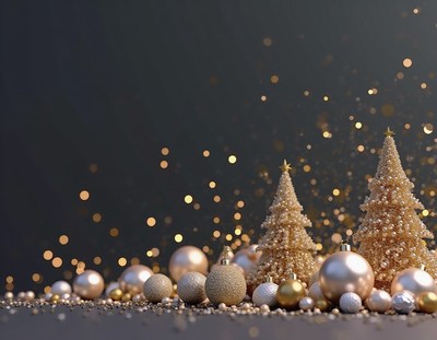 Two golden christmas trees with ornaments and lights