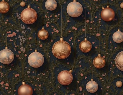 Copper ornaments hang from a floral pattern